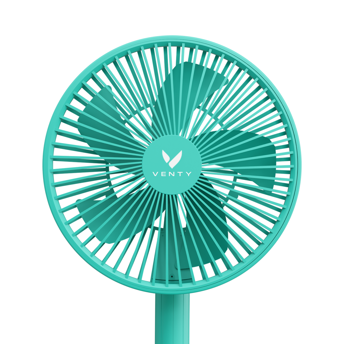 Turquoise handheld fan with 'Venty' branding