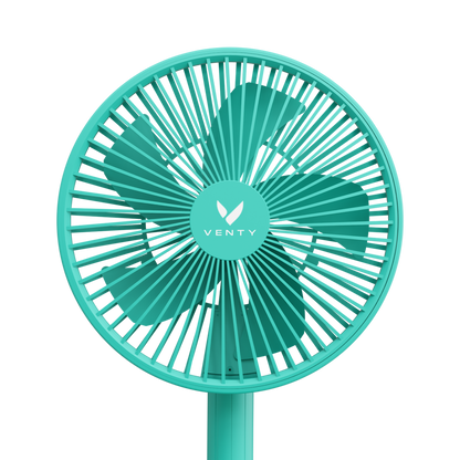 Turquoise handheld fan with 'Venty' branding
